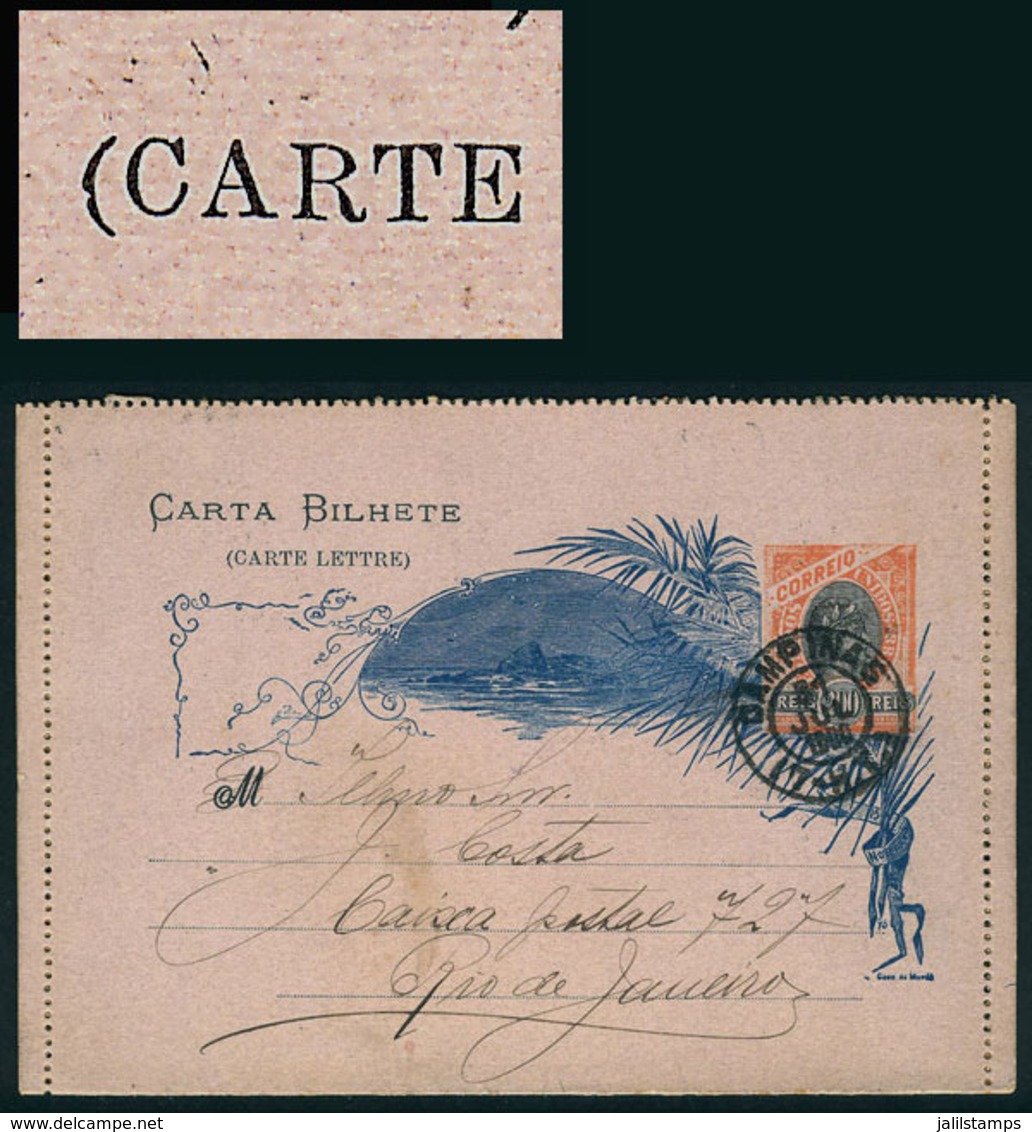 BRAZIL: RHM.CB-57G, Lettercard With VARIETY: C Of CARTE Without Serif", Used In Campinas On 31/JUL/1900, Excellent Quali - Postal Stationery