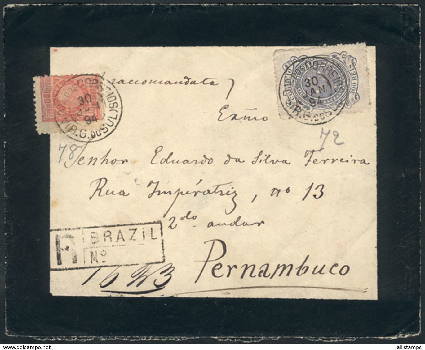 BRAZIL: Mourning Cover Sent By Registered Mail From Rio Grande Do Sul To Pernambuco On 30/JA/1894, Franked With 400Rs. ( - Sonstige & Ohne Zuordnung