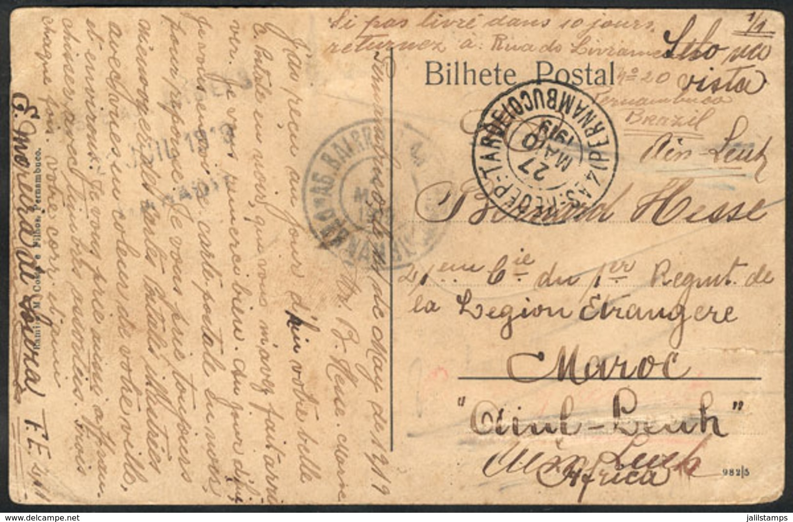 BRAZIL: Postcard (Pernambuco: Rio Capibaribe E Detenzao) Sent To MOROCCO On 27/MAY/1919 And Returned To Sender, Interest - Autres & Non Classés