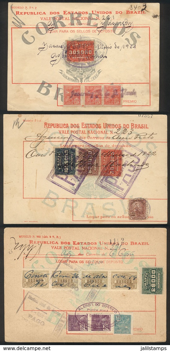 BRAZIL: 3 Interesting Postal Money Orders With Nice Postages And Rare Postmarks: PONTA PORA, YACARELIG, Etc., VF Quality - Other & Unclassified