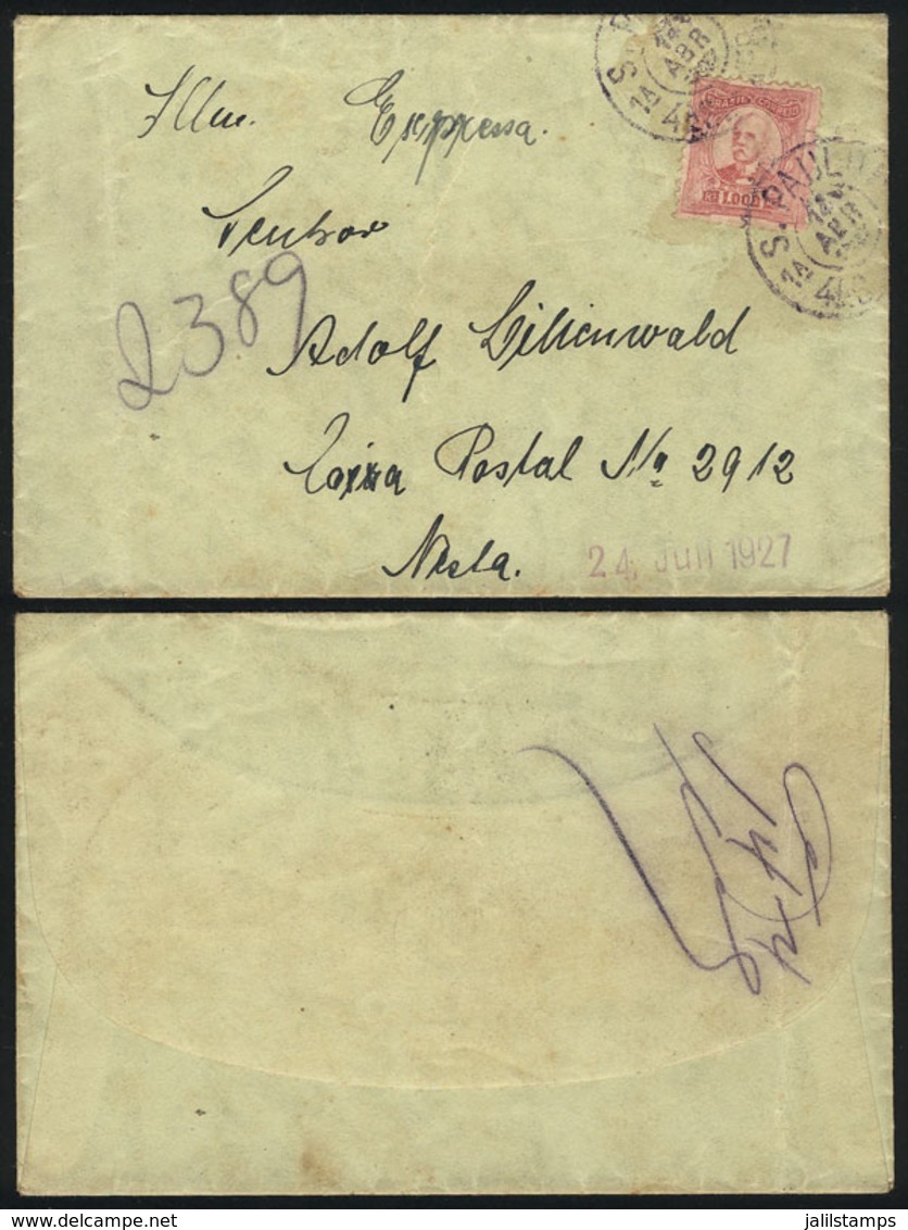 BRAZIL: Express Cover Used Locally In Sao Paulo On 14/JUL/1927, Franked With 1,000Rs., VF! - Sonstige & Ohne Zuordnung