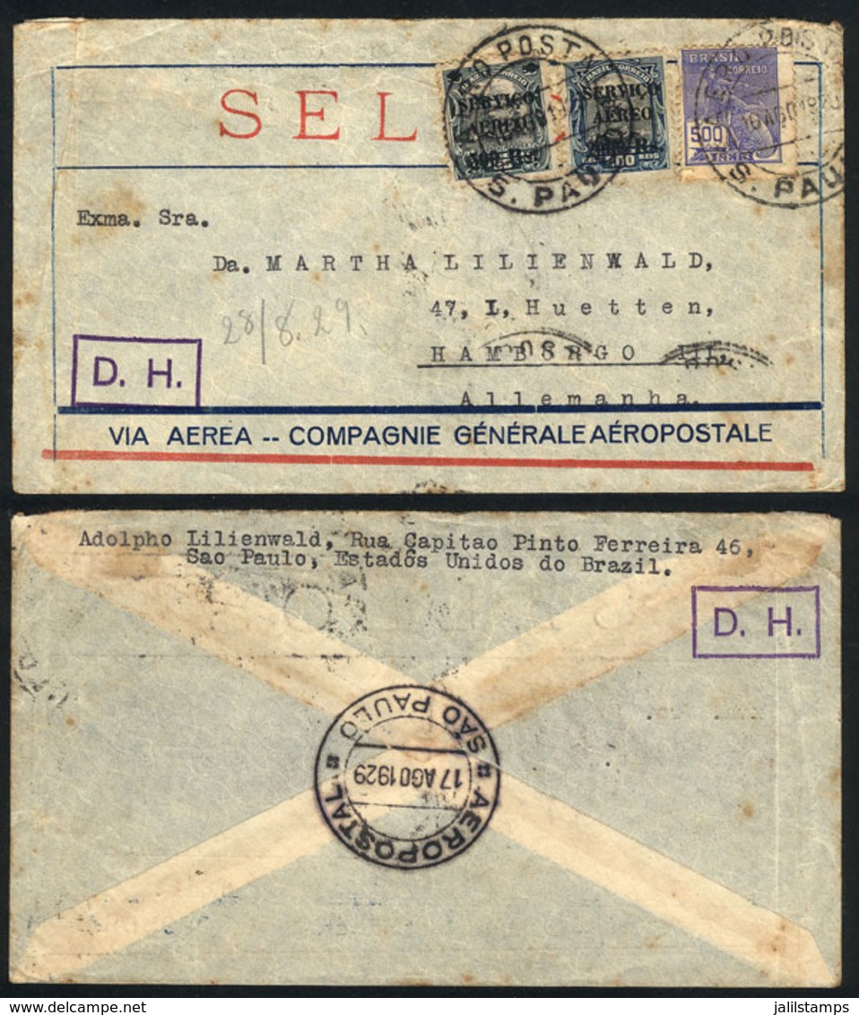 BRAZIL: Airmail Cover Sent From Sao Paulo To Germany On 16/AU/1929 By  Frla. Aeropostal, Franked With 3,000Rs., Very Nic - Sonstige & Ohne Zuordnung