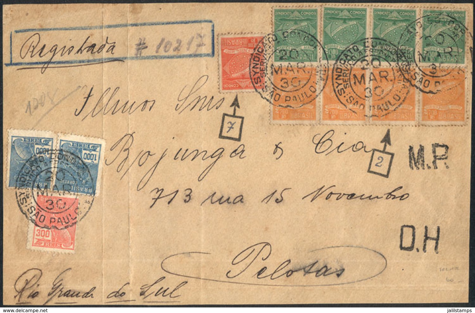 BRAZIL: Front Of A Registered Airmail Cover Sent From Sao Paulo To Pelotas On 20/MAR/1930, Franked By RHM.K-7 Among Othe - Other & Unclassified