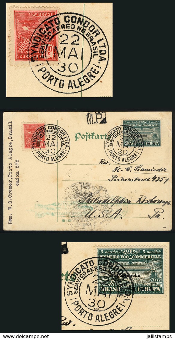 BRAZIL: 22/MAY/1930 Porto Alegre - Philadelphia (USA), Card Flown Via ZEPPELIN, Franked By Sc.4CL8 + Another Value, VF Q - Sonstige & Ohne Zuordnung