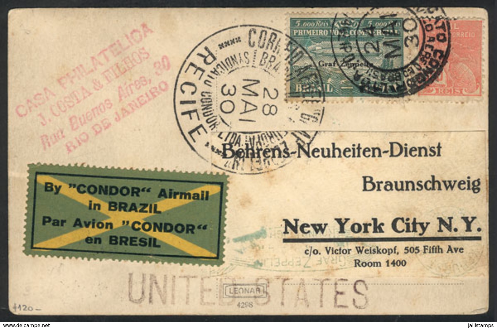 BRAZIL: Postcard With Good View Of Rio Sent By Zeppelin To USA On 24/MAY/1930, With Special Mark Of Recife And Lakehurst - Sonstige & Ohne Zuordnung