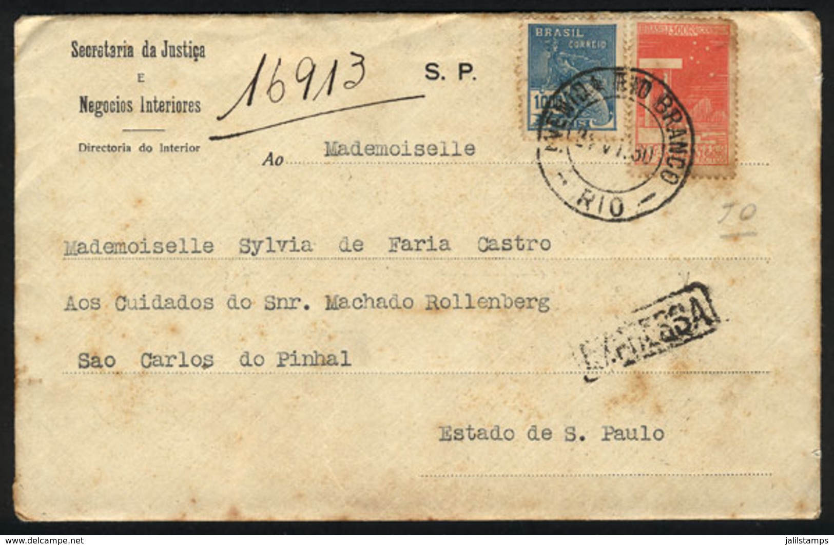 BRAZIL: Express Cover Sent From Rio (cancelled AVENIDA RIO BRANCO - RIO) To Sao Carlos (arrival Backstamp) On 21/JUN/193 - Sonstige & Ohne Zuordnung