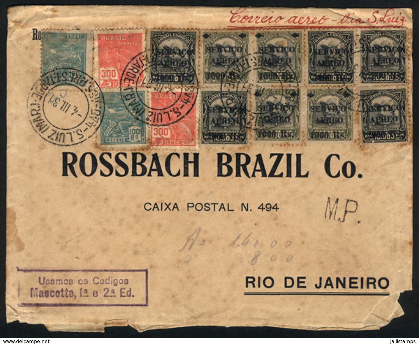 BRAZIL: Airmail Cover Sent From Sao Luiz To Rio De Janeiro On 4/MAR/1931, Franked With 14,800Rs., Very Attractive! - Other & Unclassified