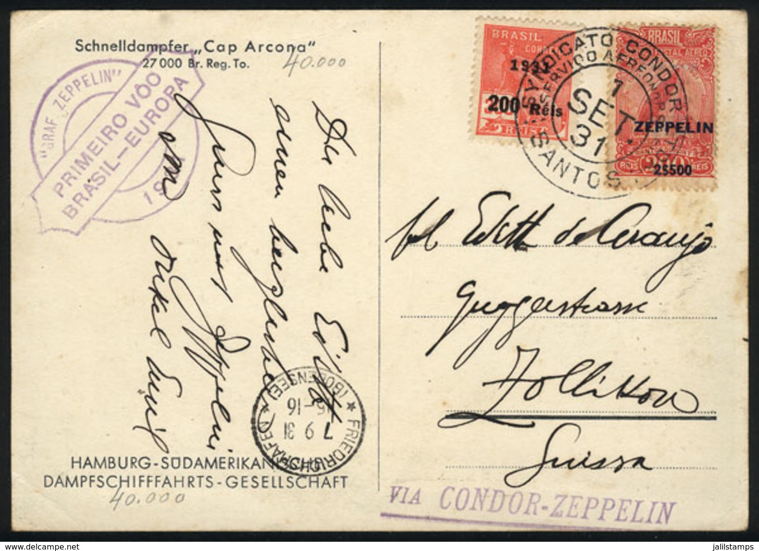 BRAZIL: Postcard With View Of Ocean Liner Cap Arcona, Sent Via ZEPPELIN From Santos To Switzerland On 1/SE/1931, With Fr - Sonstige & Ohne Zuordnung