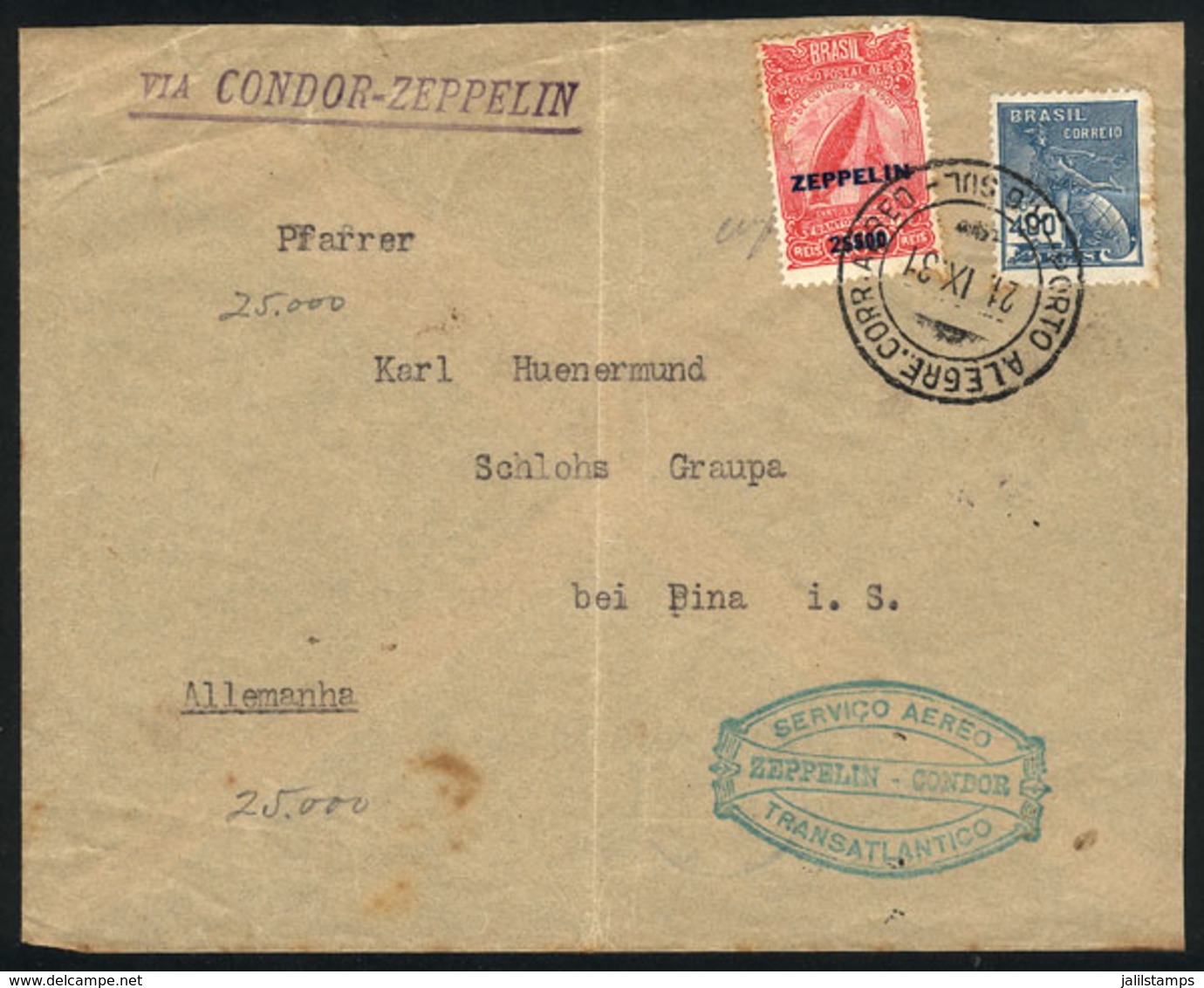 BRAZIL: Cover Flown Via ZEPPELIN, From Porto Alegre To Germany On 21/SE/1931 Franked With 2,900Rs., With Special Handsta - Sonstige & Ohne Zuordnung