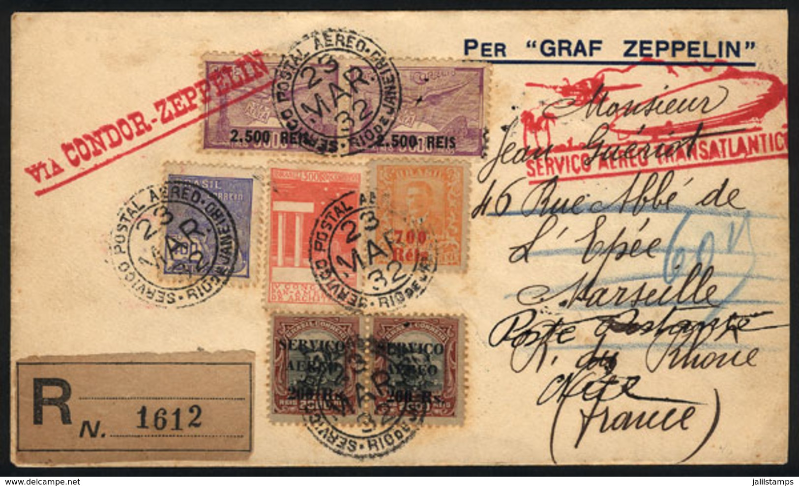 BRAZIL: Cover Flown By ZEPPELIN, Sent From Rio To Marseille On 23/MAR/1932, Very Good Postage And With Several Marks On  - Sonstige & Ohne Zuordnung