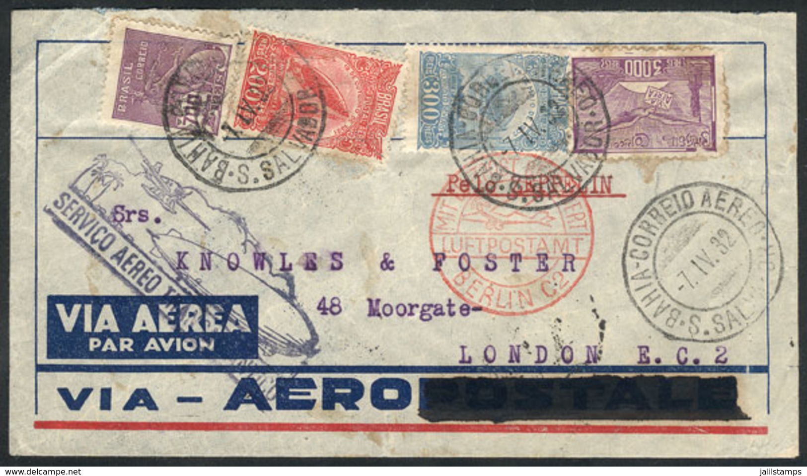 BRAZIL: Cover Sent Via ZEPPELIN From Bahia To London On 7/AP/1932, VF Quality! - Other & Unclassified