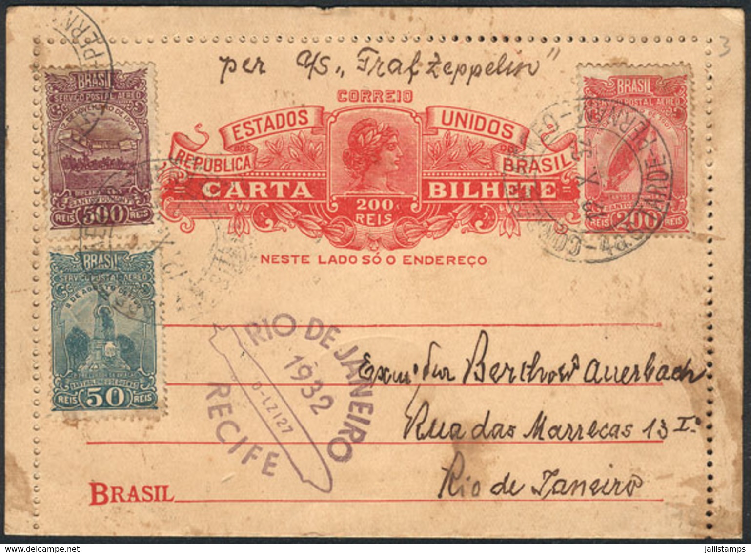 BRAZIL: RHM.CB-92, Letter Card Additionally Franked (total Postage 950Rs.), Sent From Recife To Rio Via ZEPPELIN On 12/O - Sonstige & Ohne Zuordnung
