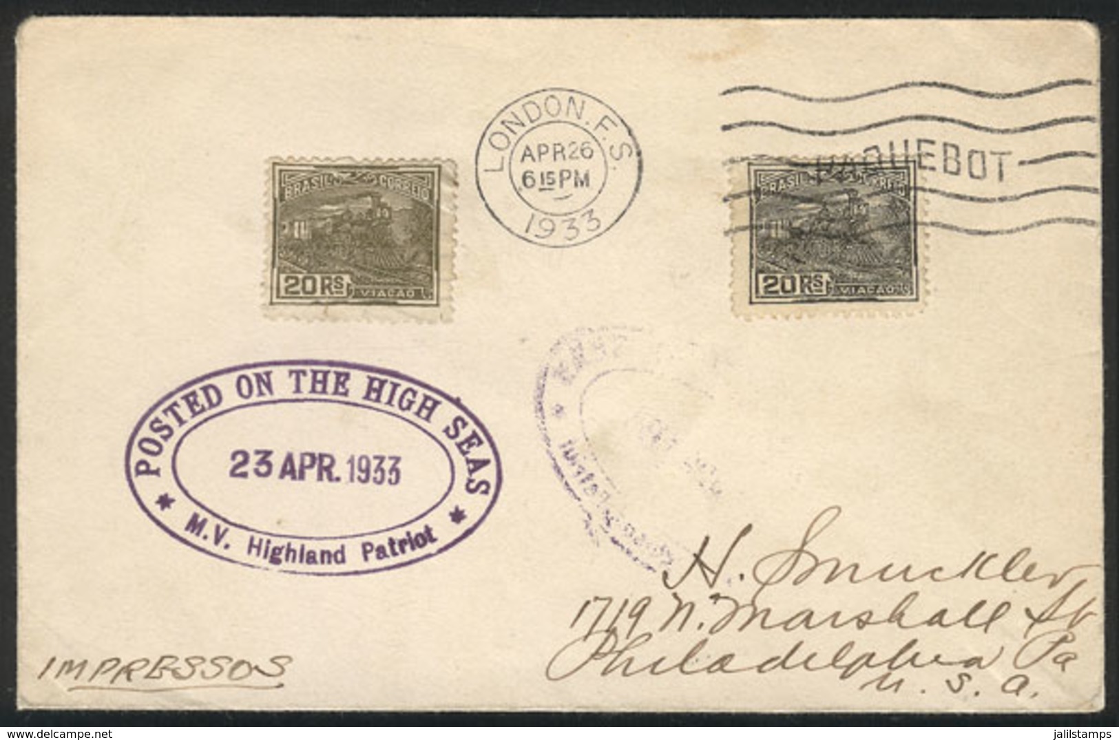 BRAZIL: Cover With Printed Matter Posted To USA From A British Ship AT SEA, With Brazilian Postage Of 40Rs., Violet Hand - Sonstige & Ohne Zuordnung