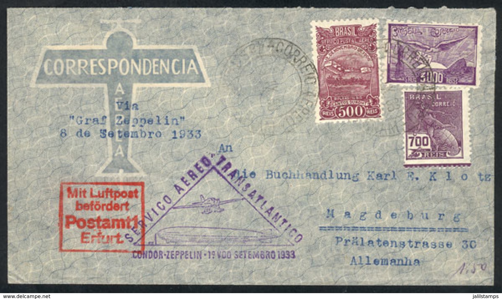 BRAZIL: Cover Flown By Zeppelin, Sent To Germany On 5/SE/1933, With Transit Backstamp Of Friedrichshafen In Green, VF Qu - Sonstige & Ohne Zuordnung