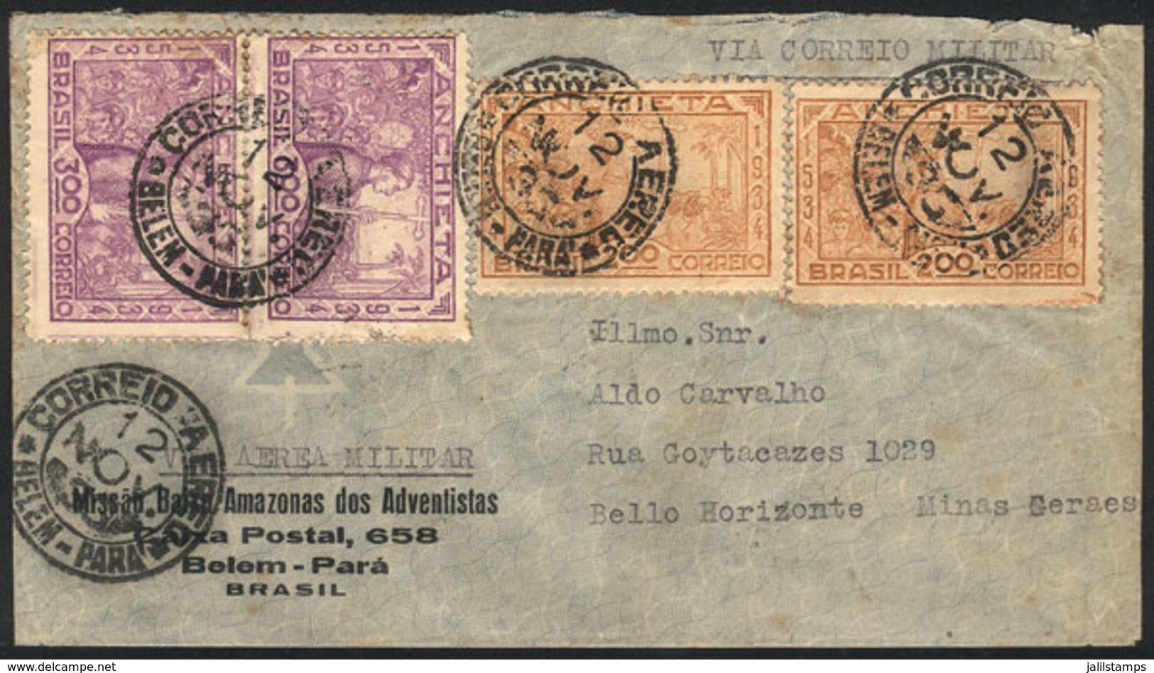 BRAZIL: Cover Sent From Belem To Bello Horizonte On 12/NO/1935 By Military Airmail, Nice Commemorative Postage, VF Quali - Sonstige & Ohne Zuordnung