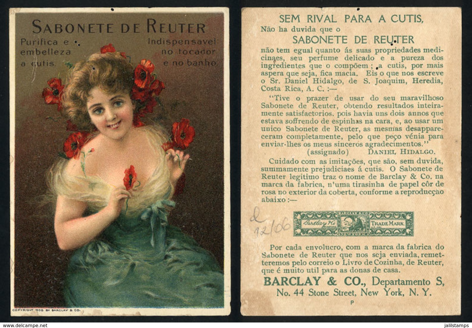 BRAZIL: Old Advertising Card For REUTER Soap, Beautiful Lady, Minor Defects (pin Holes) - Other & Unclassified