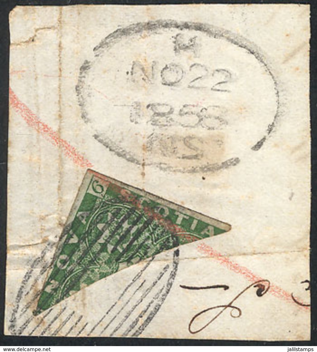 CANADA - NOVA SCOTIA: Sc.5a (Yvert 3b), 1857 6p. Green, Diagonal BISECT On Fragment With Mute Cancel And Datestamp For 2 - Gebraucht