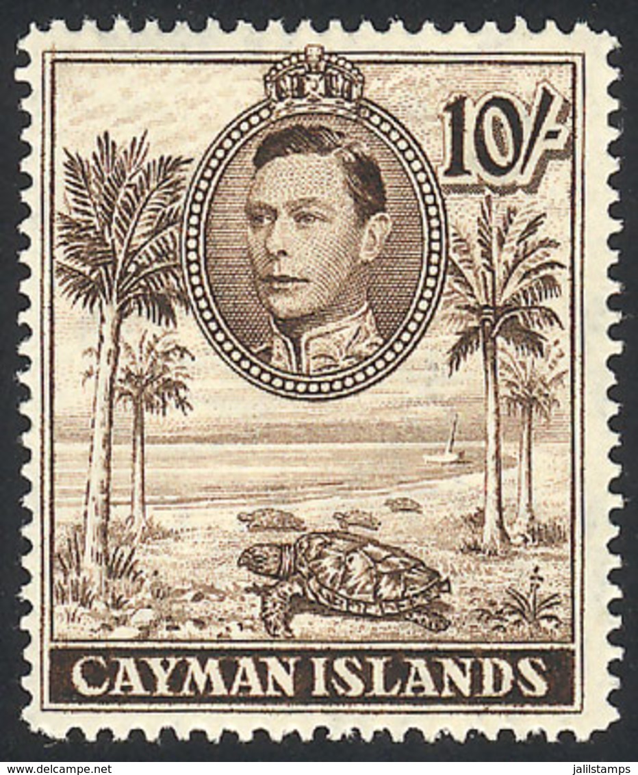 CAYMAN ISLANDS: Sc.111a, 1943 Turtles 10Sh. Perforation 14, Mint Very Lightly Hinged, Very Fine Quality, Catalog Value U - Kaimaninseln