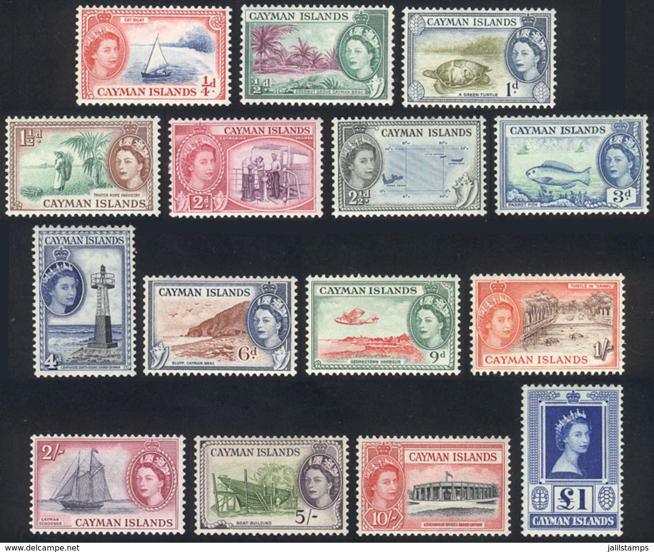 CAYMAN ISLANDS: Sc.135/149, 1953/9 Fish, Turtles, Ships, Lighthouses And Other Topics, Compl. Set Of 15 Values, Mint Lig - Kaimaninseln