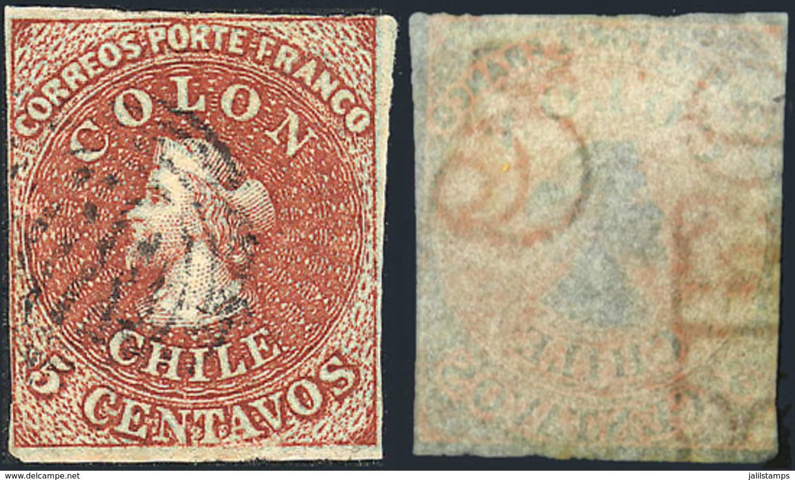 CHILE: Yvert 4, With Letter Watermark: REO", Position 61 On The Sheet, 4 Margins, VF And Interesting!" - Chile