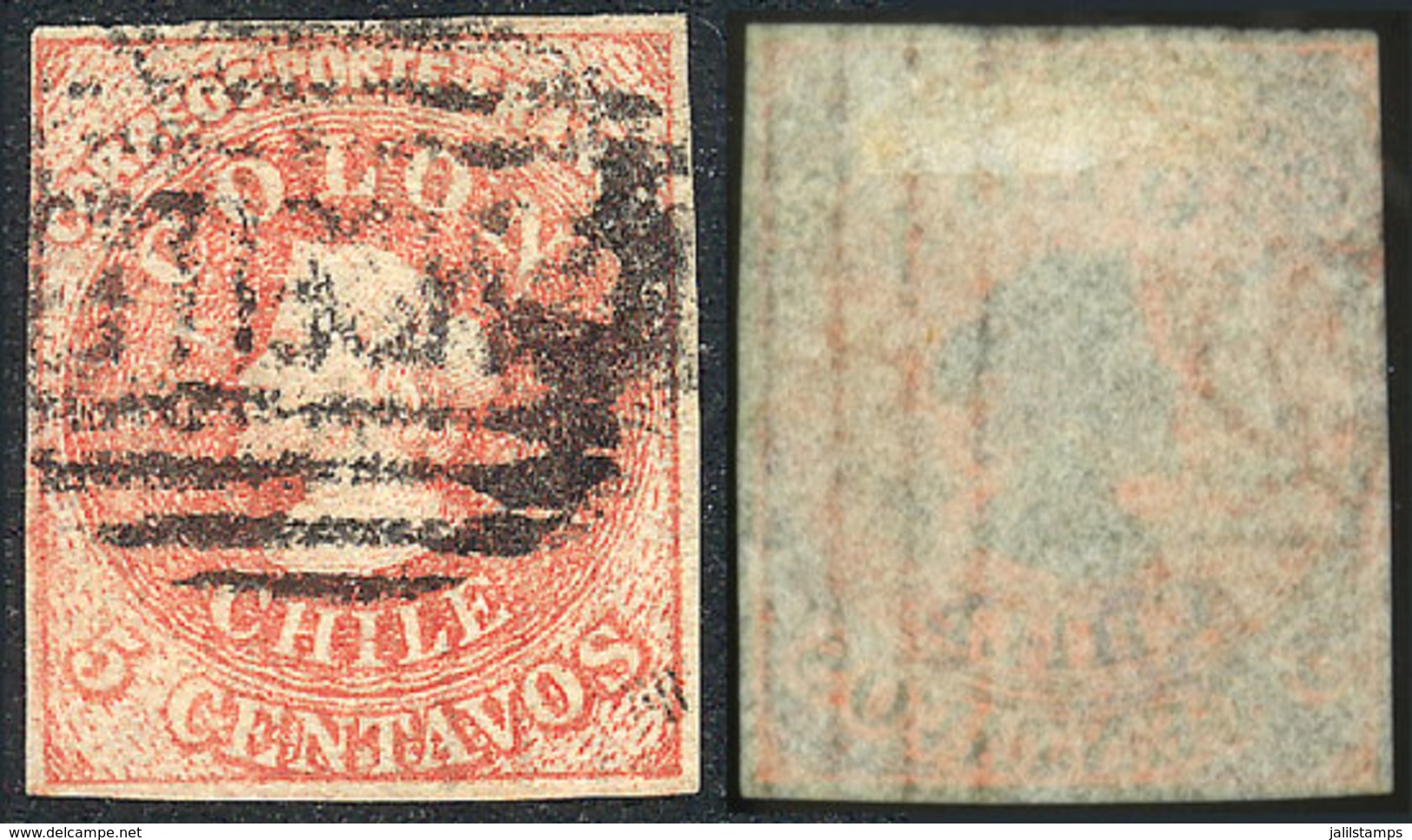 CHILE: Yvert 5, Variety Watermark Inverted And With 4 VERTICAL LINES, Ample Margins, VF Quality! - Chile