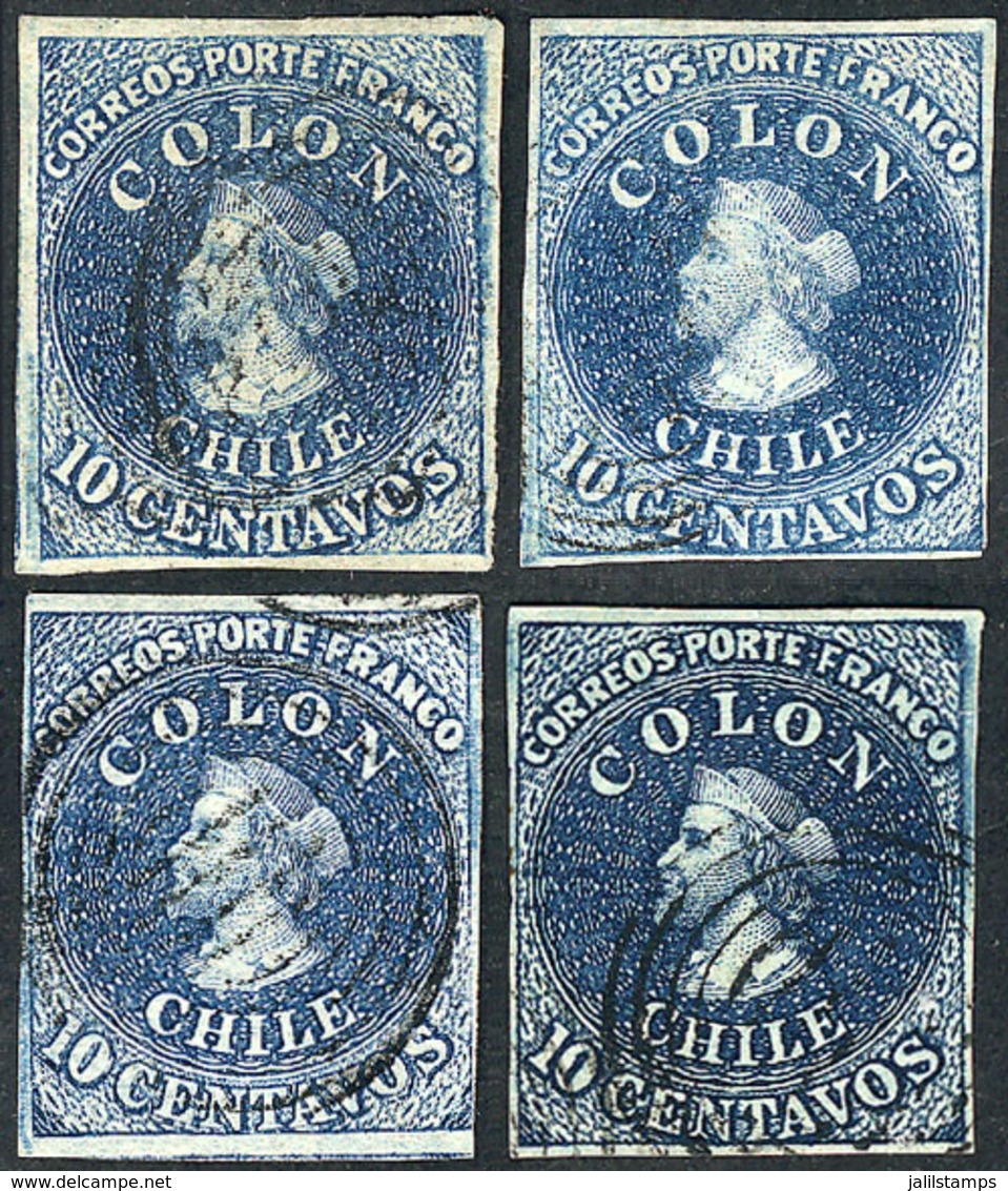 CHILE: Yvert 6, 1856/66 10c., 4 Examples, Different Shades, All Of 4 Margins, VF Quality! - Chile