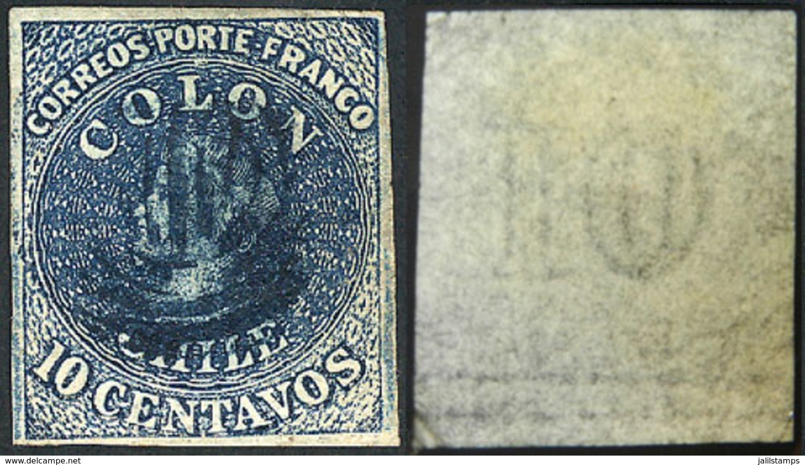 CHILE: Yvert 6, Watermark With Horizontal Lines At Bottom, 4 Margins, BLUE Cancel, VF Quality! - Chile