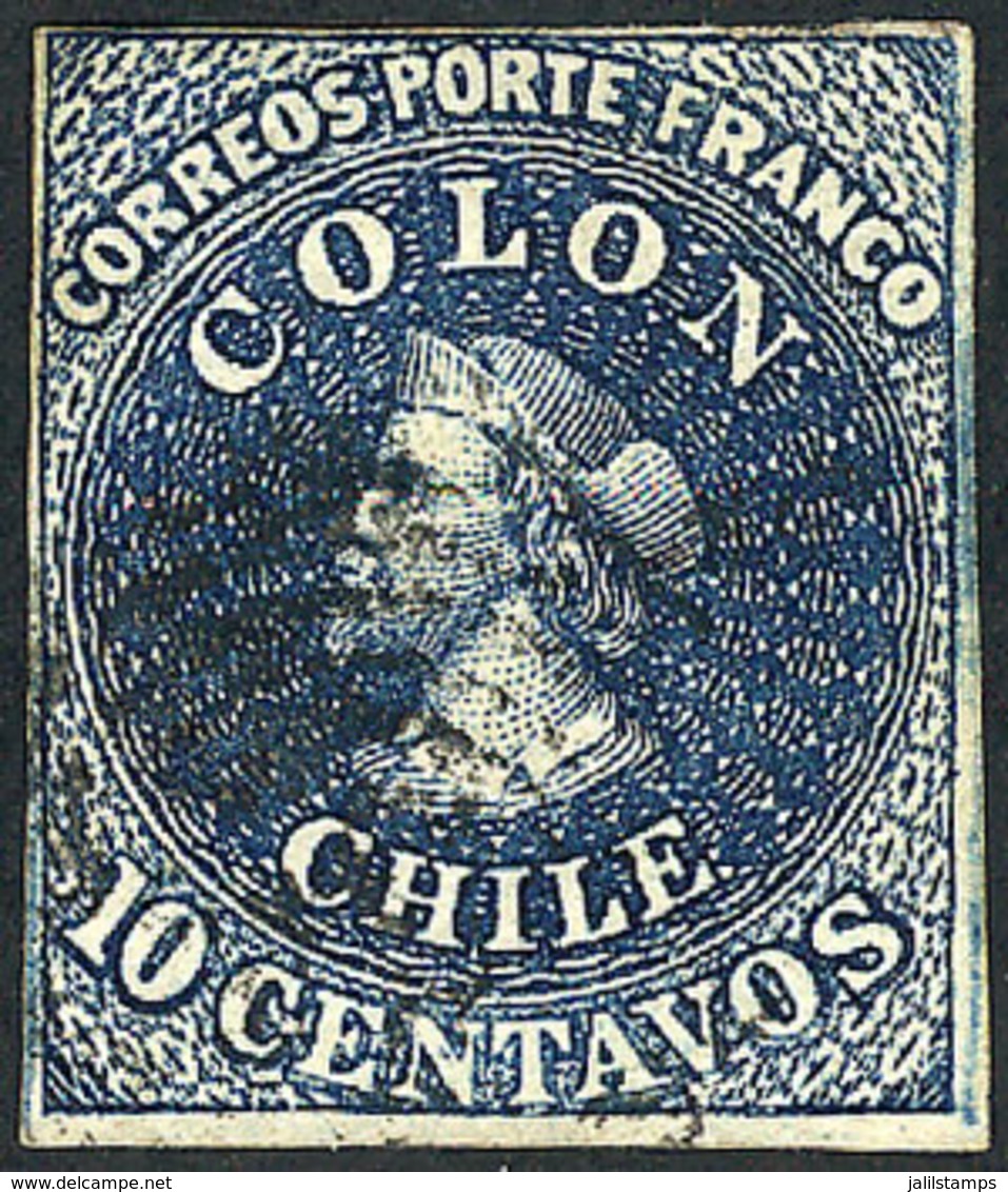 CHILE: Yvert 6d, 10c. Very Dark Blue, THICK PAPER, 4 Margins (one Just), Inverted Watermark, VF! - Chile