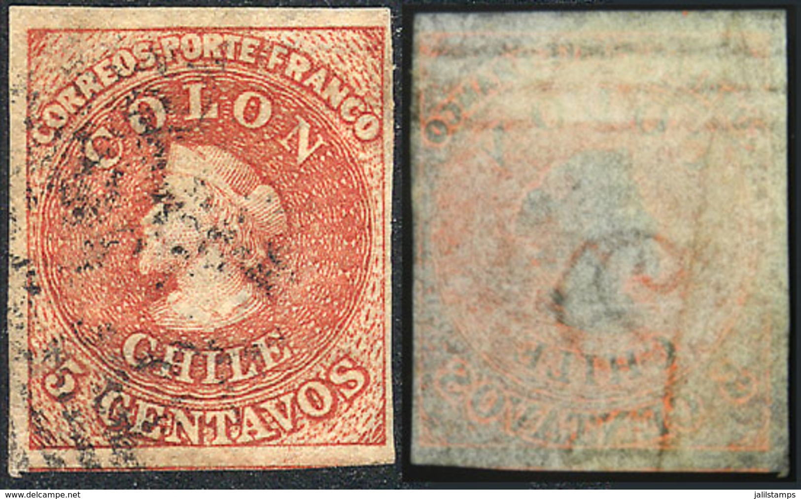 CHILE: Yvert 8, With Watermark Inverted (position 3) And 3 Horizontal Lines At Top, Wide Margins, VF Quality! - Chile