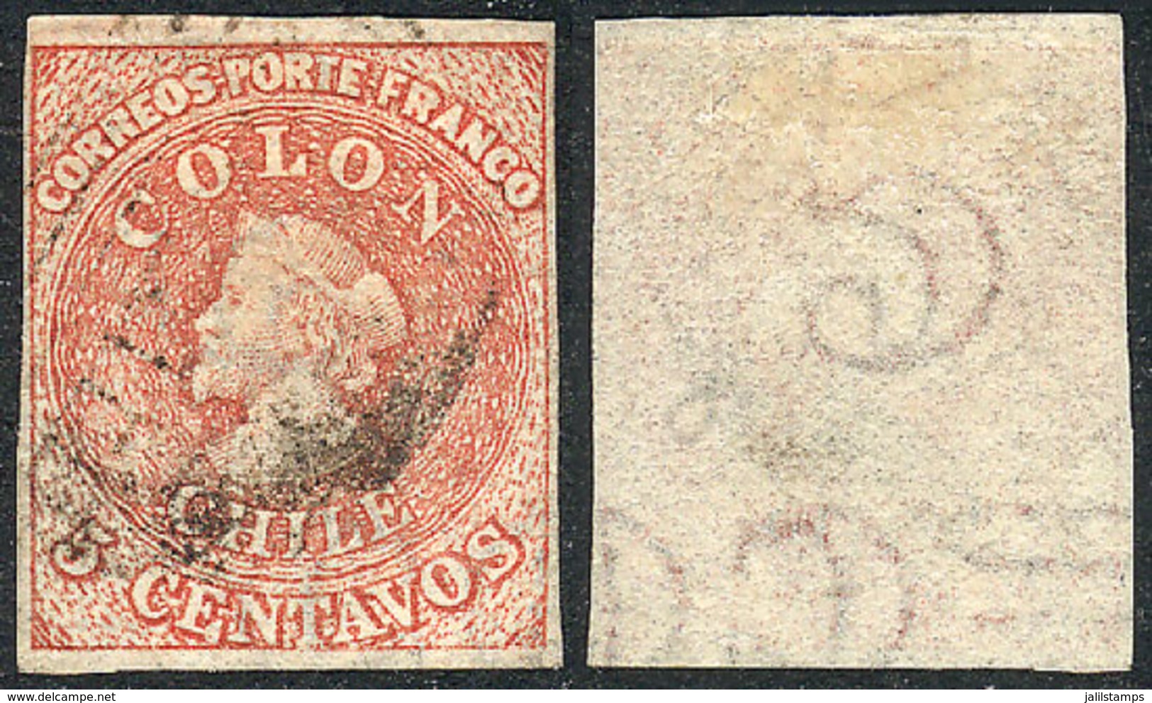 CHILE: Yvert 8, With LETTER Watermark (CO) And 3 Horizontal Lines, Position 233, Thin Paper, Wide Margins, Excellent! - Chile