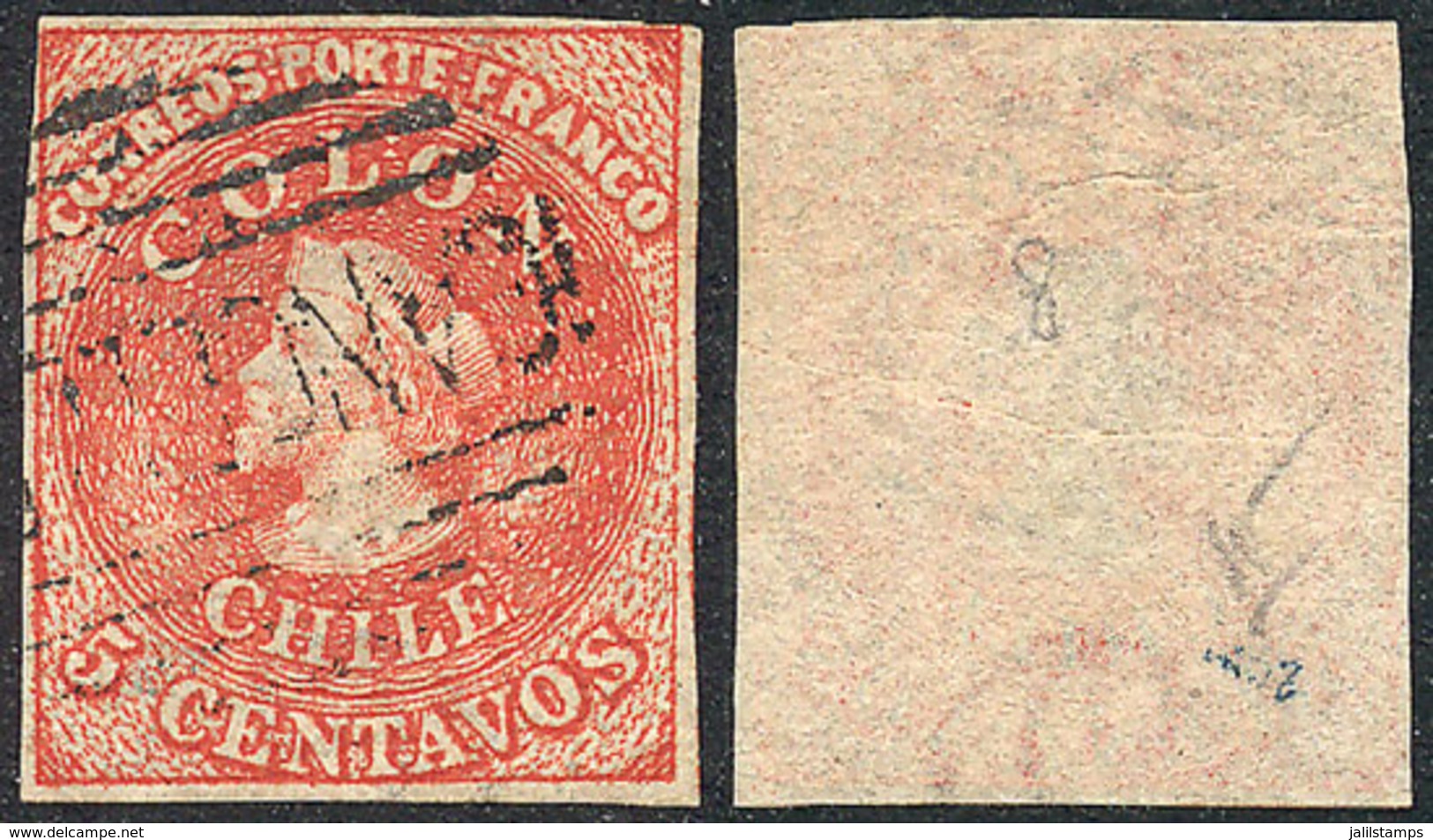 CHILE: Yvert 8, With Variety: Very Shifted Watermark, Half At Top And Half At Bottom, Wide Margins, VF Quality! - Chile