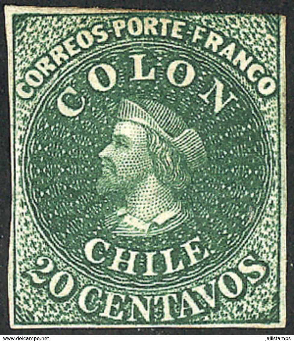 CHILE: Yvert 10, 20c. Green, Mint, With Line Watermark At Bottom, 3 ½ Margins, Very Nice! - Chile