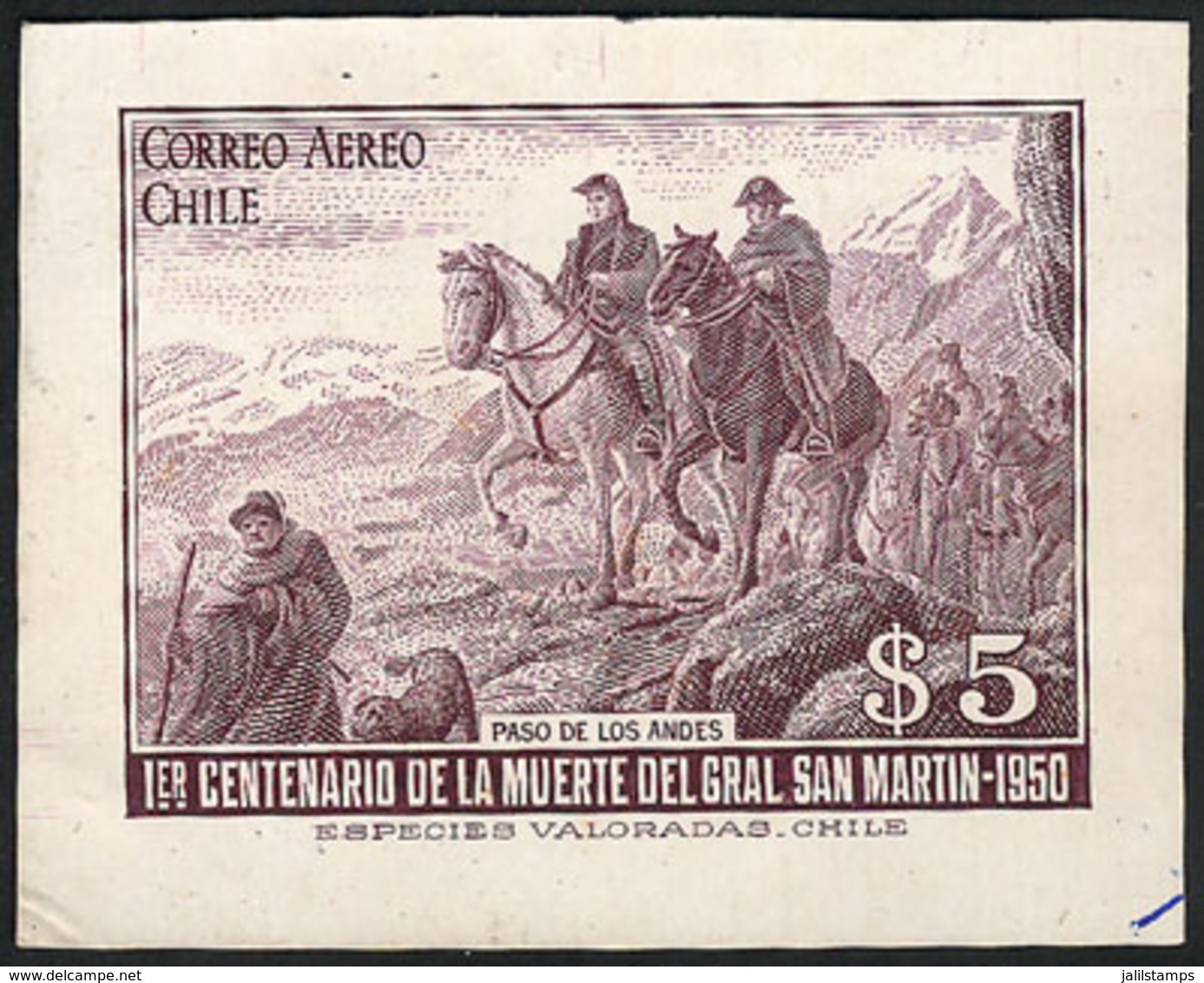 CHILE: Sc.C165, 1951 San Martín Crossing The Andes (horses, Mountains, Dogs), Die Proof In Violet, Excellent Quality, Ex - Chile