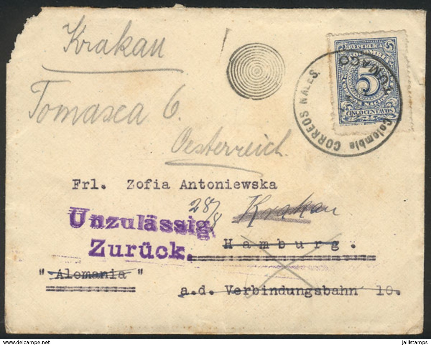 COLOMBIA: Cover Franked With 5c., Sent From TUMACO To Hamburg And From There Forwarded To Krakau, Very Interesting! - Colombia