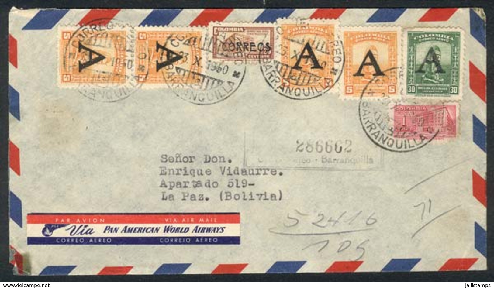 COLOMBIA: Airmail Cover With Nice Postage Sent From Barranquilla To La Paz (Bolivia) On 23/OC/1950, Interesting! - Colombia