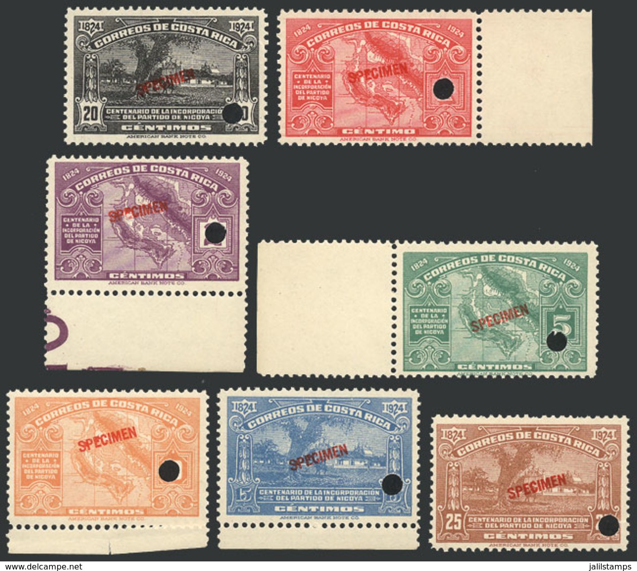 COSTA RICA: Sc.129/135, 1924 Centenary Of The Annexation Of Province Of Guanacaste, Compl. Set Of 7 Values With SPECIMEN - Costa Rica