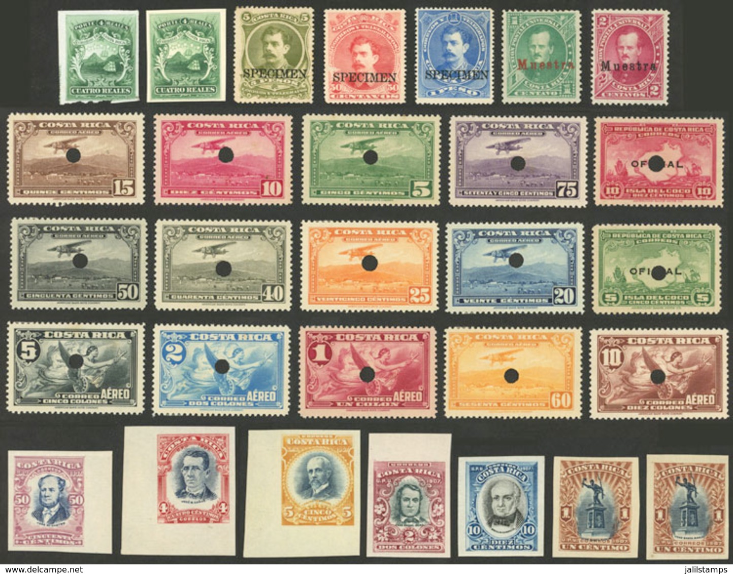 COSTA RICA: PROOFS, Specimens, Etc., Interesting Lot Of About 29 Stamps, Including Some Imperforate Examples, And 2 Tria - Costa Rica