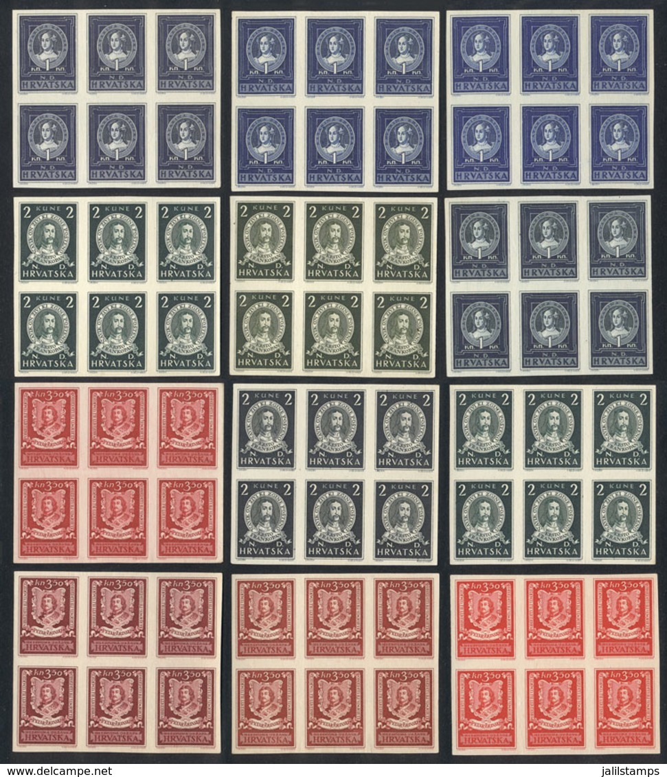 CROATIA: Sc.56/58, 1943 The Set Of 3 Values, Each In 4 IMPERFORATE BLOCKS OF 6, Trial Color Proofs, Excellent Quality, V - Croatia