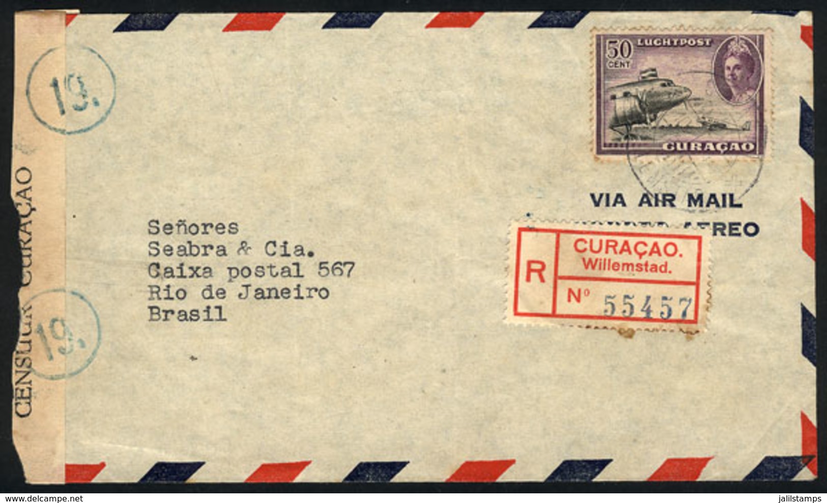 CURACAO: Registered Airmail Cover Sent From Willemstad To Rio De Janeiro On 10/NO/1944 Franked With 50c. And Interesting - Curaçao, Antille Olandesi, Aruba