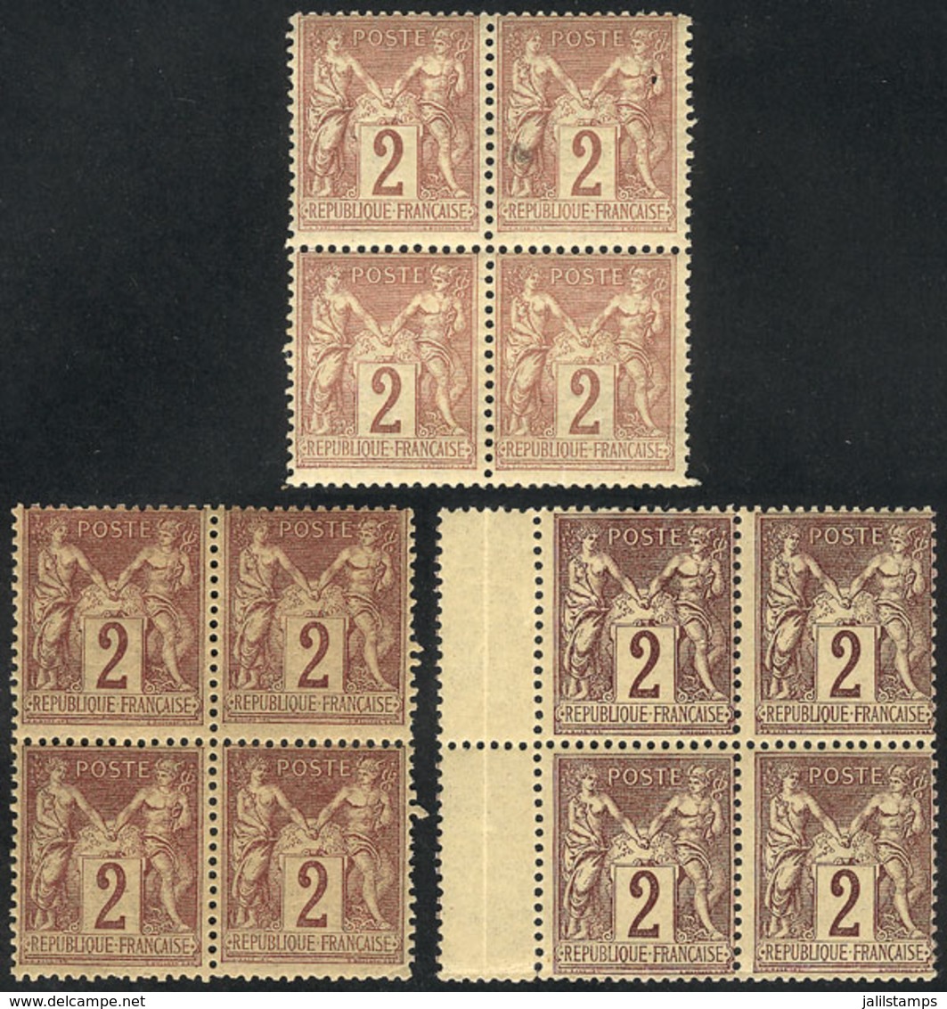 FRANCE: Yvert 85 + 85a, 1877/80 2c. Red-chestnut On Yellow (2 Different Shades) + Dark Chestnut, UNMOUNTED BLOCKS OF 4,  - Other & Unclassified