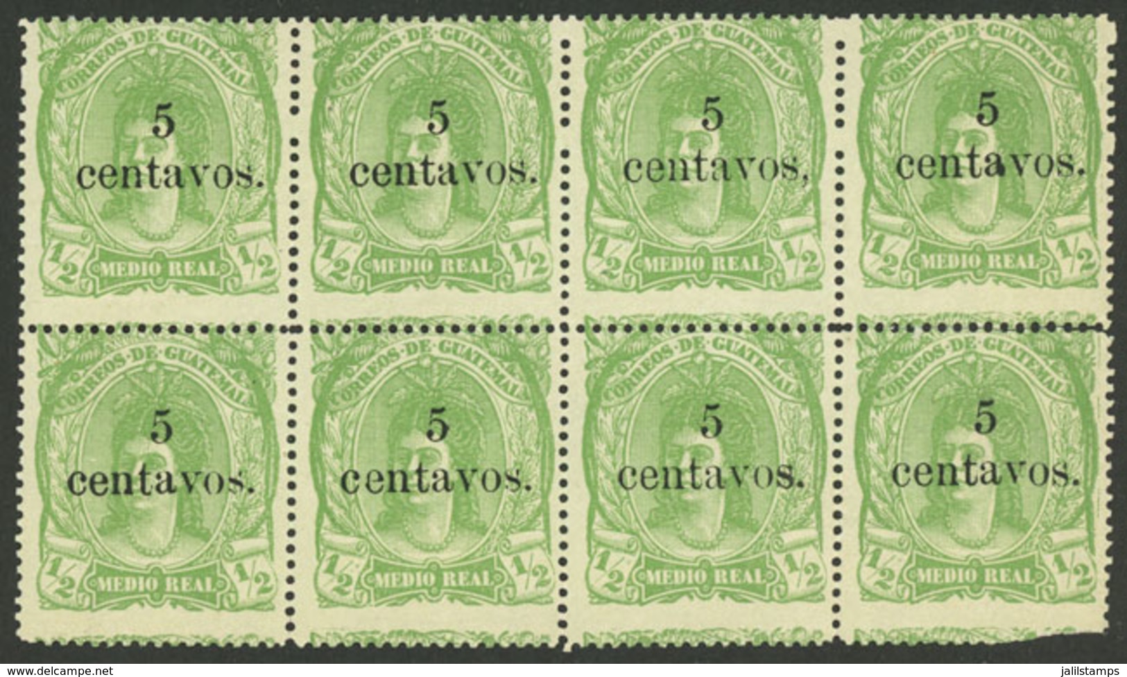 GUATEMALA: Yvert 16, 1878 5c. On ½R. Yellow-green, MNH Block Of 8, Excellent Quality (one Stamp With Defective Perforati - Guatemala