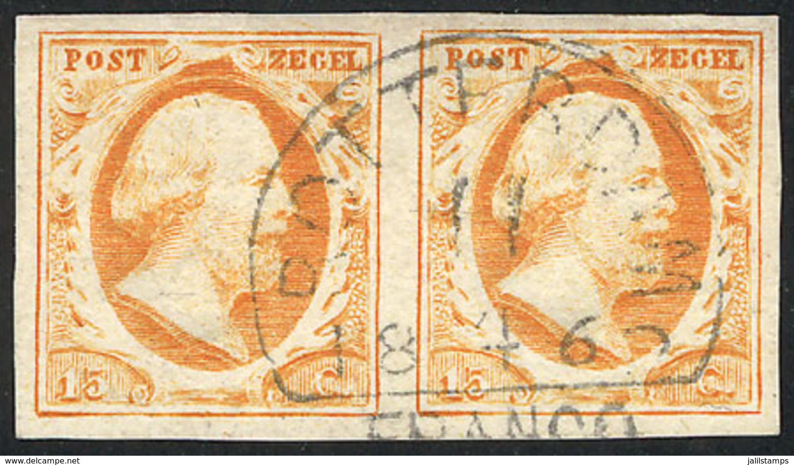 NETHERLANDS: Yv.3, 1852 William III 15c. Orange, Used PAIR, Superb! Very Fresh, Wide Margins, Excellent Quality! - Gebraucht