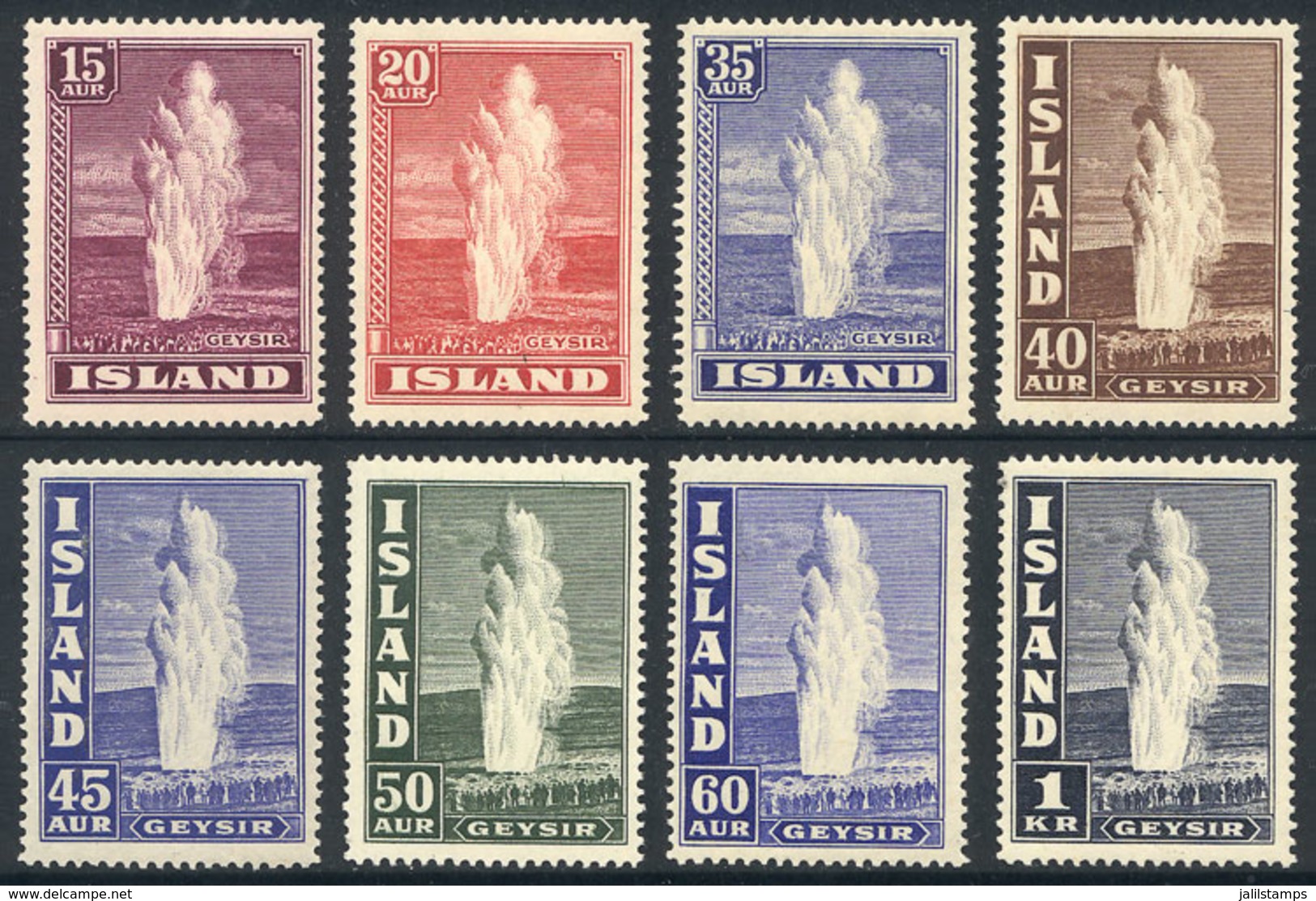 ICELAND: Sc.203/208B, 1938/47 Geiser, Complete Set Of 8 Unmounted Values, Excellent Quality, Catalog Value US$190. - Sonstige & Ohne Zuordnung