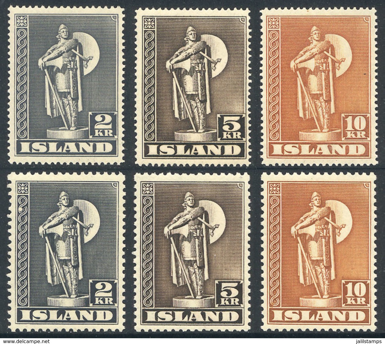 ICELAND: Sc.229/231 + 229a/231a, 1939/45 And 1947 Statue Of Thorfinn Karlsefni, Complete Sets Of 3 Values With Perforati - Sonstige & Ohne Zuordnung