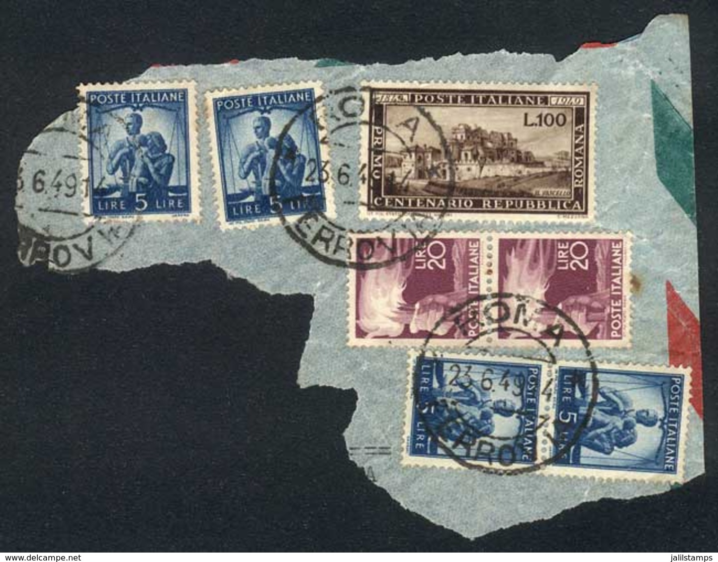 ITALY: Sc.518, 1949 100L. Repubblica Romana, Used On Fragment Along Other Values, VF Quality! - Unclassified