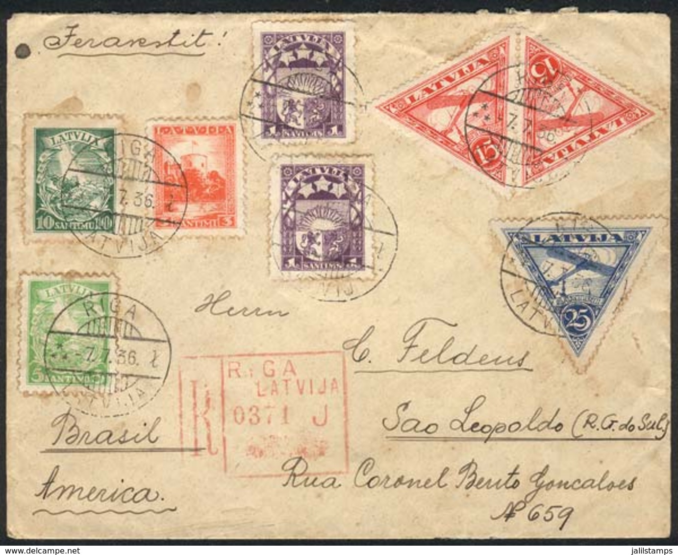 LATVIA: Airmail Cover Sent From Riga To Brazil On 7/JUL/1936 With Very Nice Postage And Beautiful Cinderella On Reverse! - Latvia
