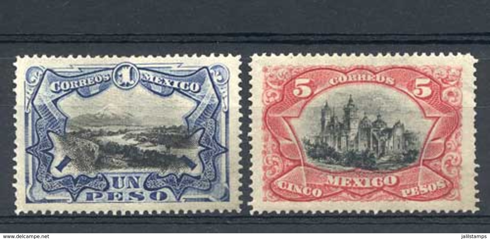 MEXICO: Yv.188/9, 1889 1P. Popocatepetl And 5P. Cathedral, High Values Of The Set, Lightly Hinged, VF Quality, Catalog V - Mexico