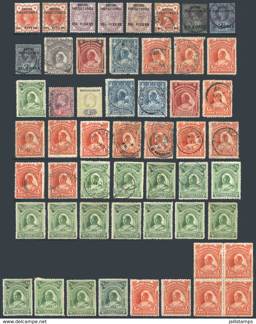 NIGER COAST PROTECTORATE: Lot Of Old Stamps, Mint And Used (with Some Interesting Postmarks), Mixed Quality, From Very F - Sonstige & Ohne Zuordnung