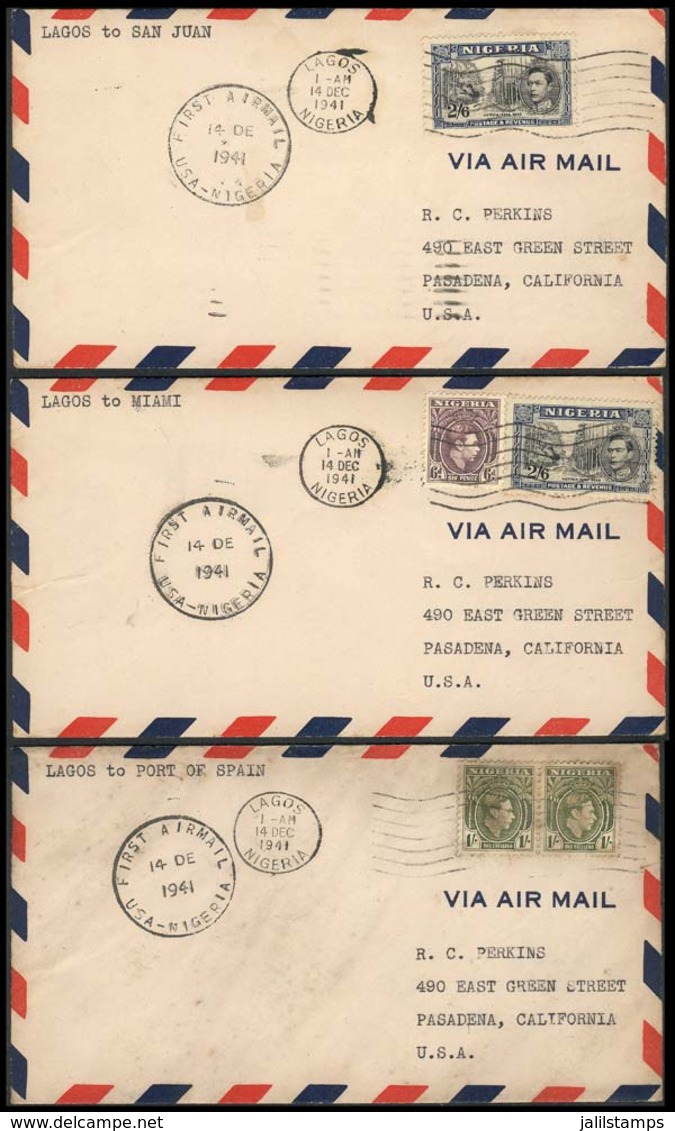 NIGERIA: 3 Covers Sent To USA On 14/DE/1941, FIRST FLIGHTS LAGOS - San Juan, And Miami - Port Of Spain, One With Minor D - Nigeria (...-1960)