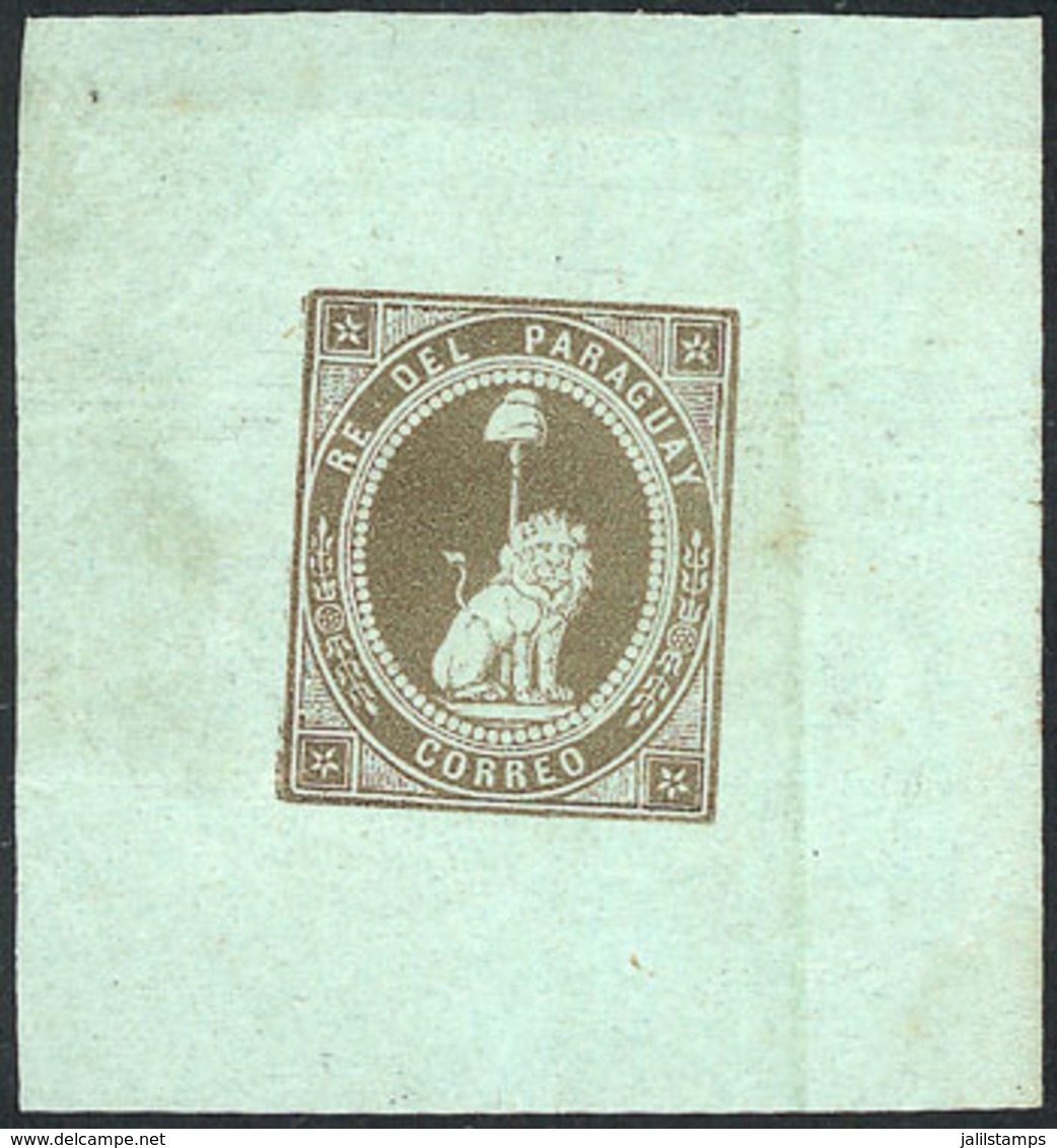 PARAGUAY: Circa 1860, Lithographed Die, Un Real Olive On Bluish-green Paper (Lion And Coat Of Arms). This Is The Die Pho - Paraguay